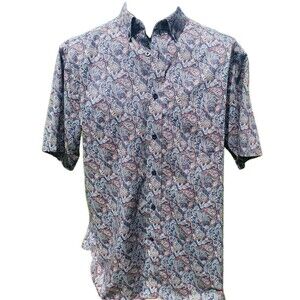 Daniel Cremieux Shirt Mens Large Blue Orange Paisley Short Sleeve Button Down